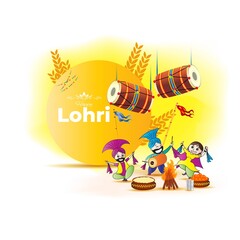 Vector illustration of Happy Lohri celebration concept banner, people dancing and celebrating with drum, Punjabi festival.