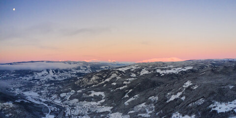 Drone photo from winter land Norway, Gol, Hallingdal. Shot in the cold in January in the blue hours...