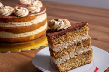 caramel toffee cake with cocoa and coffee beans