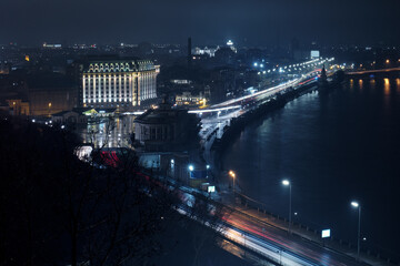 Embankment at night in Kyiv, Ukraine.