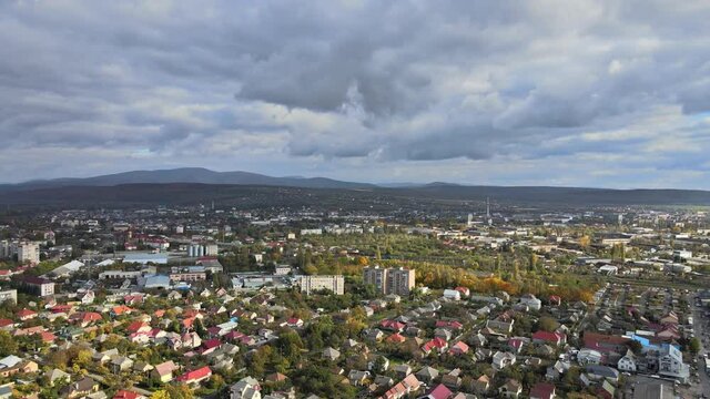 Beautiful view of architecture urban development of the old city panorama view on the roof Uzhgorod Ukraine Europe