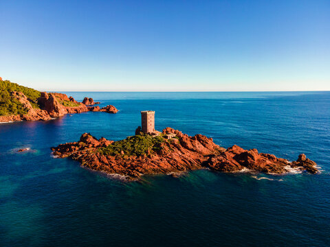 French Riviera, C&ocirc;te d'Azur, aerial view of the Ile D'or coastline at sunset in the south of France