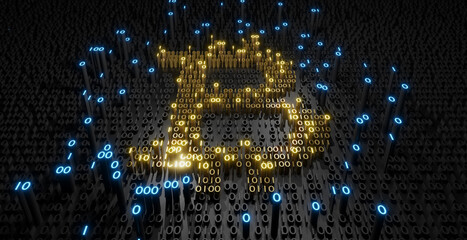 Bitcoin cryptocurrency concept.3D rendering and Illustration.Gold 3D binary of bitcoin sign on black background.