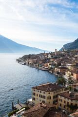 Aerial view of the town of Limone sul Garda, Garda Lake, Italy. Beautiful  landscape of a popular Italian touristic destination