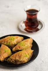 BAKLAVA. Traditional Turkish Desserts Baklava with Turkish Tea.