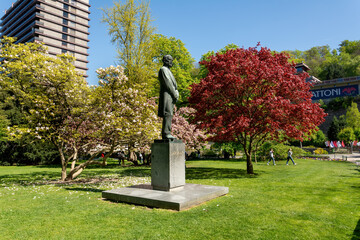 Spa park with statue of Czech music composer Antonin Dvorak - center of spa town Karlovy Vary...
