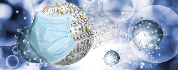 stylized ball of dollar bills as a symbol of the crisis of the financial system from the covid-19 pandemic. 3d-image