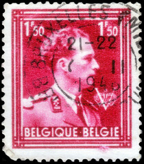 Postage stamp issued in Belgium with the image of the King Leopold III, circa 1943