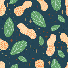 Peanut seamless pattern. Ripe peanut with leaves in flat. Peanut on a dark blue background with decoration elements. Healthy vegetarian food. Vector illustration