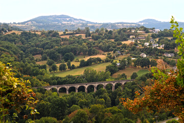 Panoramic view of the Lot valley and the Conquettes viaduct from the castle of Calmont d'Olt...