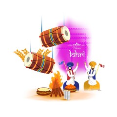 Vector illustration of Happy Lohri celebration concept banner, people dancing and celebrating with drum, Punjabi festival.