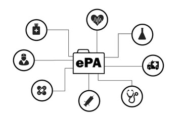 ePA Vernetzung mit verschiedenen grafischen Symbolen zur elektronischen Patientenakte