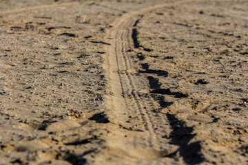 A pattern of a vehicle's footprint marked in the sand on a beach.