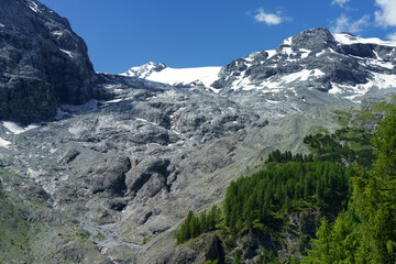 Mountain landscape along the road to Stelvio pass at summer. Glacier