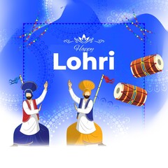 Naklejka premium Vector illustration of Happy Lohri celebration concept banner, people dancing and celebrating with drum, Punjabi festival.