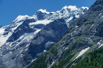 Fototapeta na wymiar Mountain landscape along the road to Stelvio pass at summer. Glacier