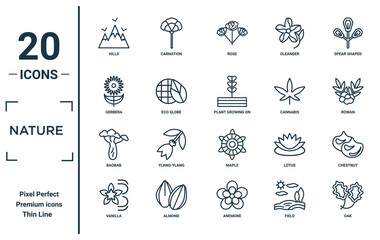 nature linear icon set. includes thin line hills, gerbera, baobab, vanilla, oak, plant growing on book, chestnut icons for report, presentation, diagram, web design