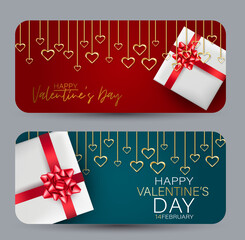 Obraz na płótnie Canvas Valentines Day banner or gift card set with hanging golden 3d hearts. Love design concept. Romantic invitation or sale offer promo. Vector illustration.