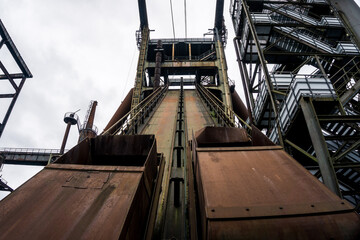 Abandoned blast furnace in Dortmund, Germany. Closeup of the elevator 