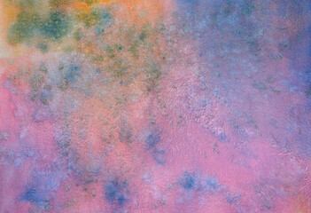 Background of abstract watercolour painting on textured paper, pink, blue and orange.