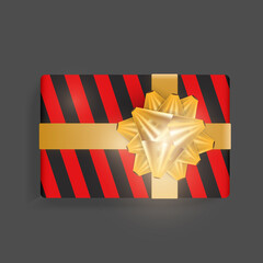 Black gift box with red stripes. Gold ribbon bow. Beautiful realistic gift box template for birthday, Christmas, new year design. Top view vector illustration