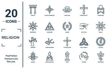 religion linear icon set. includes thin line shinto, buddhism, goddess, hamsa, orthodox, pagan, chi rho icons for report, presentation, diagram, web design