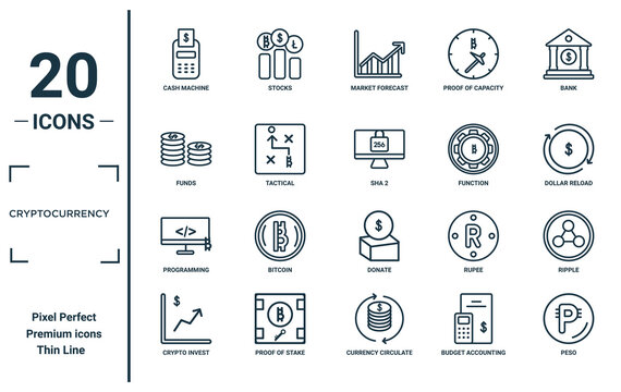 cryptocurrency linear icon set. includes thin line cash machine, funds, programming, crypto invest, peso, sha 2, ripple icons for report, presentation, diagram, web design