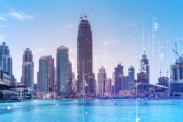 Skyscrapers of Dubai business downtown. International hub of trading and financial services of...
