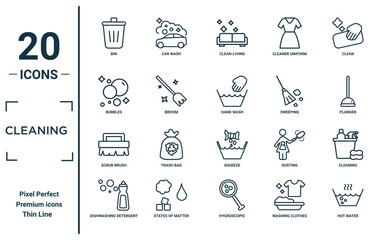 cleaning linear icon set. includes thin line bin, bubbles, scrub brush, dishwashing detergent, hot water, hand wash, cleaning icons for report, presentation, diagram, web design