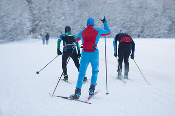 Cross country ski. Skiing in winter on the track.