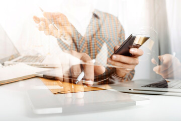 Business and lawyers discussing contract papers with brass scale on desk in office. Law, legal services, advice, justice and law concept picture with film grain effect