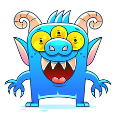 Blue Monster Cartoon Vector Sketch Stock Illustration On A Background. For Design, Decoration