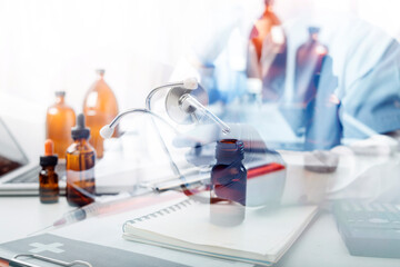 Fototapeta premium Health care researchers working in life science laboratory and analyzing microscope slides in research lab. New Epidemic Corona Virus. Corona virus outbreaking.