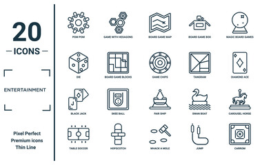entertainment linear icon set. includes thin line pom pom, die, black jack, table soccer, carrom, game chips, carousel horse icons for report, presentation, diagram, web design