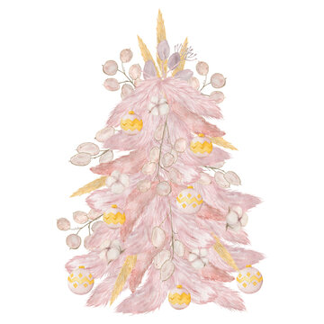 Boho christmas tree made of pampas grass watercolor illustration. Pink bohemian tree with lunaria and pampas grass isolated on white background.