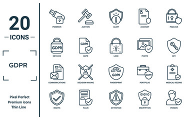 gdpr linear icon set. includes thin line pendrive, keylock, communications, rights, person, lock, medical record icons for report, presentation, diagram, web design
