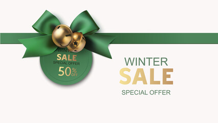 New Year winter and Christmas sale design template. Decorative green bow with golden bell and price tag isolated on white background. Vector stock illustration - 403077154