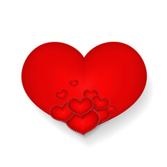 Happy Valentine's day concept template. Decorative 3d realistic red hearts on white background. Design element for banner, poster, flyer, placard, greeting card. Vector illustration.