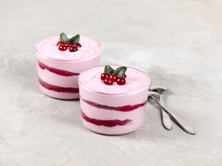 Italian dessert cranberry mascarpone, tiramisu in a glass cup on a light gray background
