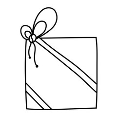 Gift box with ribbon and bow doodle style, hand drawn vector