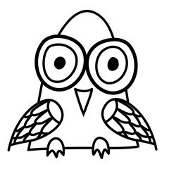 Cartoon owl, big round eyes triangular shape, doodle hand drawn vector