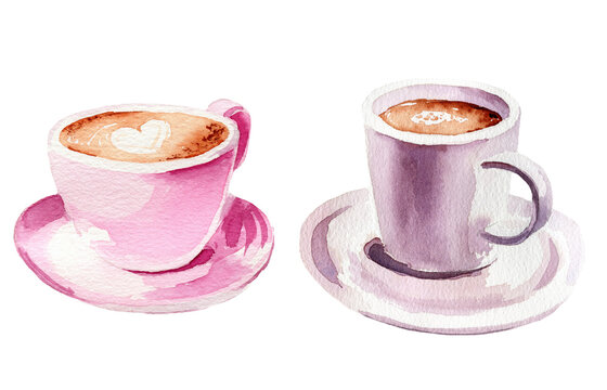 Watercolor illustration set of cups with delicious coffee cappuccino