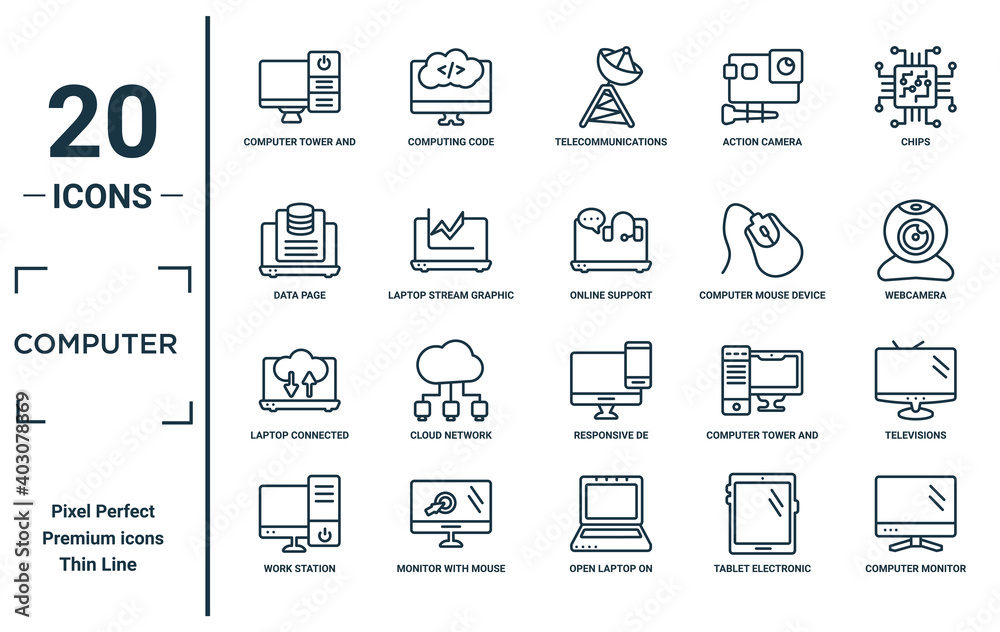 Poster computer linear icon set. includes thin line computer tower and monitor, data page, laptop connected