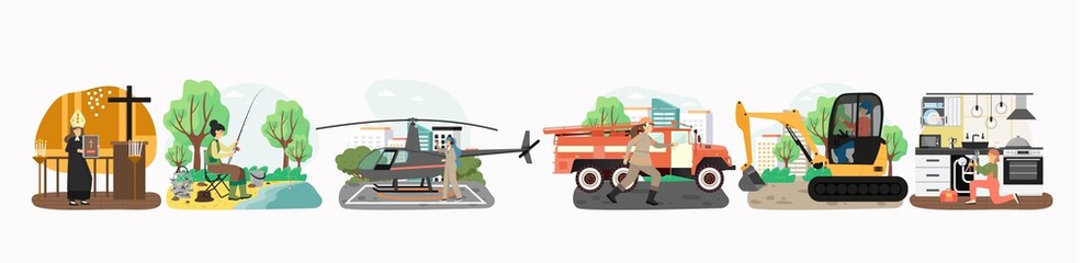 Non-traditional professions for woman concept vector illustration. Different female career, priest in church, fisherwoman, pilot, firefighter, excavator operator, plumber