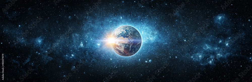 Wall mural panoramic view of the earth, sun, star and galaxy. sunrise over planet earth, view from space. conce