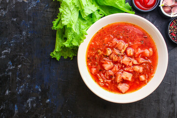 fresh borscht red tomato soup with meat first course yulion and vegetables ready to cook and eat on the table for healthy meal snack outdoor top view copy space for text food background rustic image