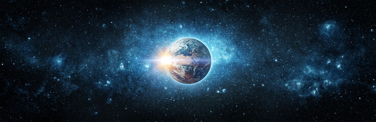 Obraz na płótnie Canvas Panoramic view of the Earth, sun, star and galaxy. Sunrise over planet Earth, view from space. Concept on the theme of ecology, environment, Earth Day. Elements of this image furnished by NASA.