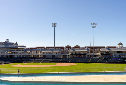 Frisco, Texas, March 14, 2019: The Dr Pepper Ballpark is recognized as one of the best ballparks in Minor League Baseball in USA. The stadium has many amenities and  features for the baseball fan.