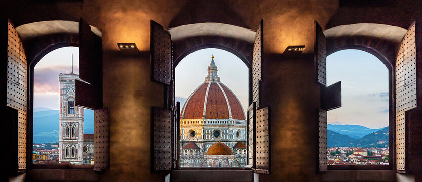 Fototapeta View from the old window on Florence Duomo Basilica di Santa Maria del Fiore.  Florence, Italy. Collage of the historical theme and the theme of travel.