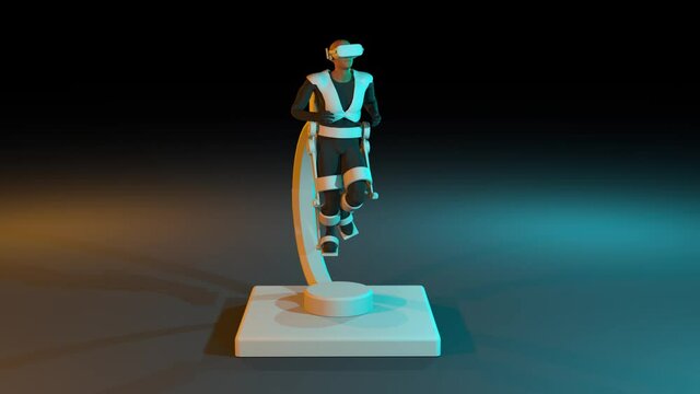 Man with innovative robotic VR cybernetic system walking. Hi-tech game industry and motion tracking in cyberspace